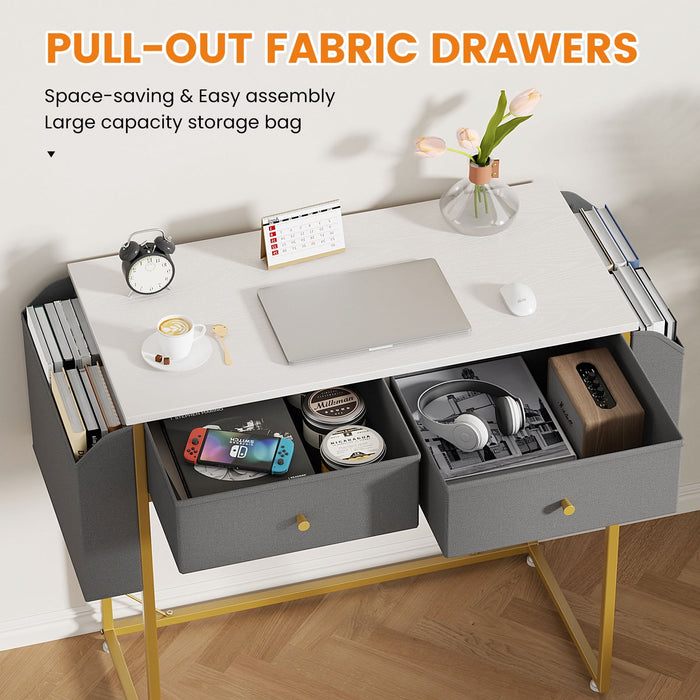 Flycity Small Desk With Fabric Drawers & Storage Bags, Home Office Computer Desk, Vanity Desk With Storage For Bedroom, Work Writing Study Table, 31.5"L X 15.7"W X 30.9"H