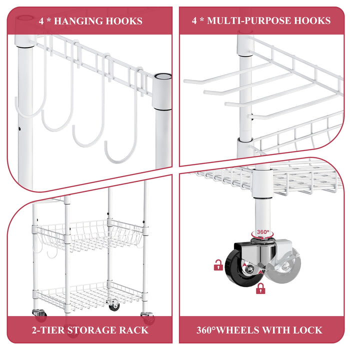 Flycity 4 Tier Yoga Mat Storage Rack, Home Gym Organizer Holder, Gym Equipment Storage Cart With Wheels And Hooks For Home Exercise And Fitness Gear, White