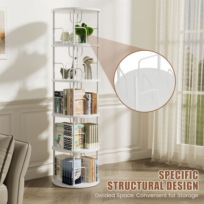 Flycity 5 Tier Rotating Bookshelf, 360° Display Rotating Bookcase Corner Storage Rack With Special Visible Partition Storage, White