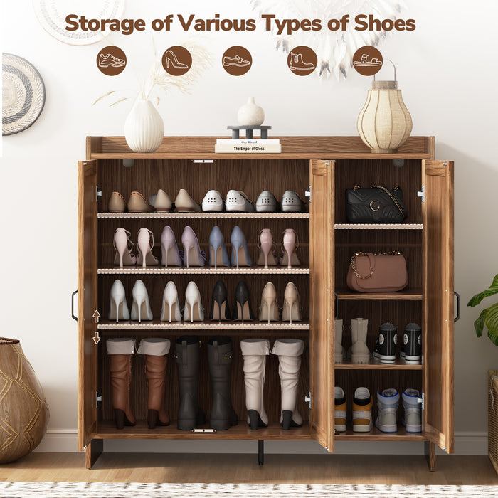 Flycity Rattan Shoe Storage Cabinet, 6 Tiers Shoe Rack With 3 Doors, Freestanding Shoe Organizer With Adjustable Shelves For Entryway Hallway, Beige