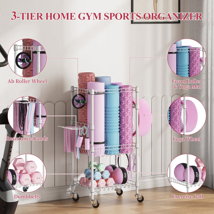 Flycity 4 Tier Yoga Mat Storage Rack, Home Gym Organizer Holder, Gym Equipment Storage Cart With Wheels And Hooks For Home Exercise And Fitness Gear, White