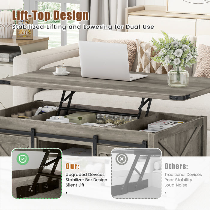 Flycity 48" Farmhouse Lift Top Coffee Table With Storage Sliding Barn Door, Pull Up Coffee Table With Hidden Compartment For Living Room Bedroom, Gray