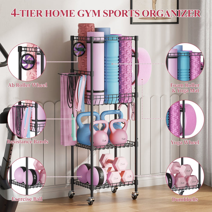 Flycity 4 Tier Yoga Mat Storage Rack, Home Gym Organizer Holder, Gym Equipment Storage Cart With Wheels And Hooks For Home Exercise And Fitness Gear, Black