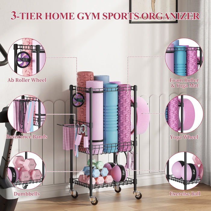 Flycity 3 Tier Yoga Mat Storage Rack, Home Gym Organizer Holder, Gym Equipment Storage Cart With Wheels And Hooks For Home Exercise And Fitness Gear, Black