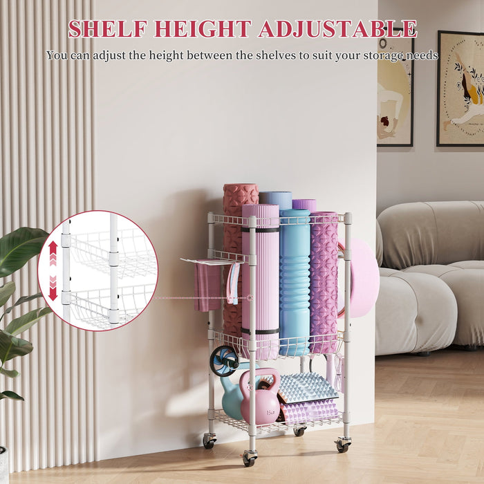 Flycity 4 Tier Yoga Mat Storage Rack, Home Gym Organizer Holder, Gym Equipment Storage Cart With Wheels And Hooks For Home Exercise And Fitness Gear, White