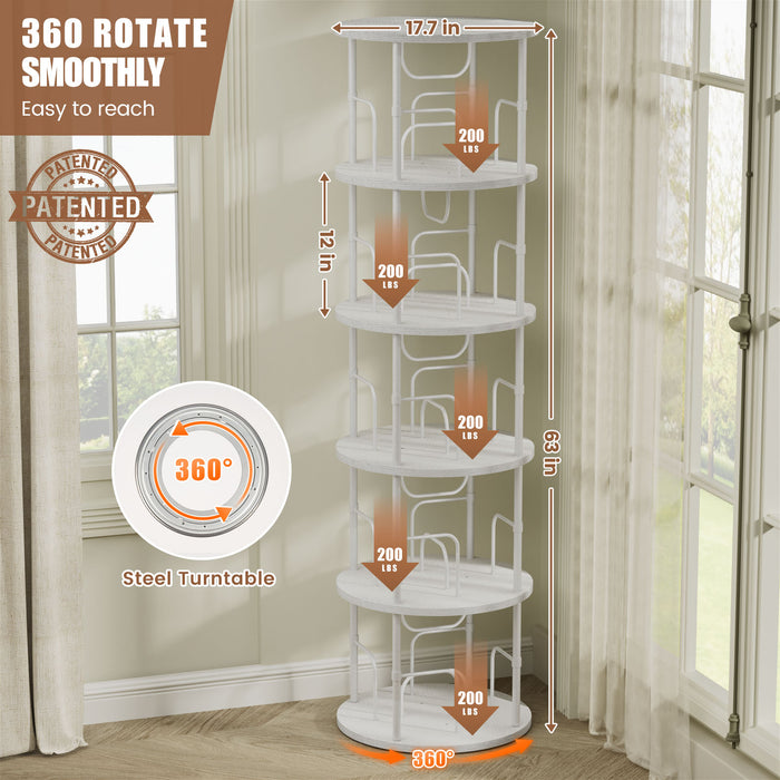 Flycity 5 Tier Rotating Bookshelf, 360° Display Rotating Bookcase Corner Storage Rack With Special Visible Partition Storage, White