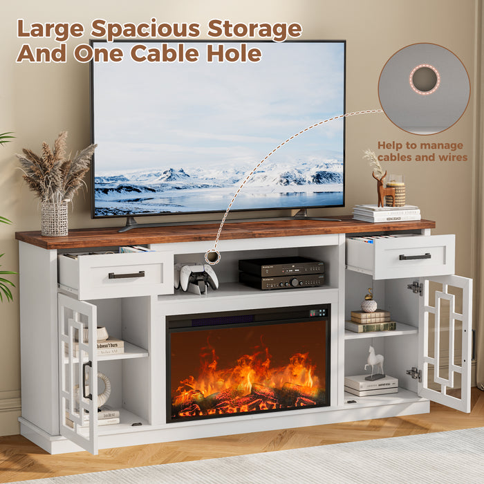 Flycity Fireplace Tv Stand For Tvs Up To 80", Farmhouse 70" Fireplace Entertainment Center With Storage Cabinets And Adjustable Shelves, Rustic Media Console