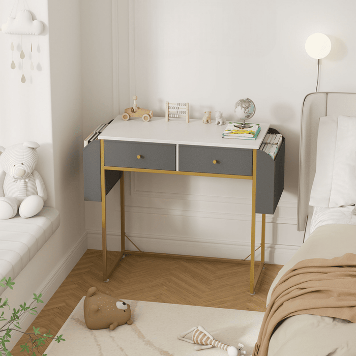 Flycity Small Desk With Fabric Drawers & Storage Bags, Home Office Computer Desk, Vanity Desk With Storage For Bedroom, Work Writing Study Table, 31.5"L X 15.7"W X 30.9"H