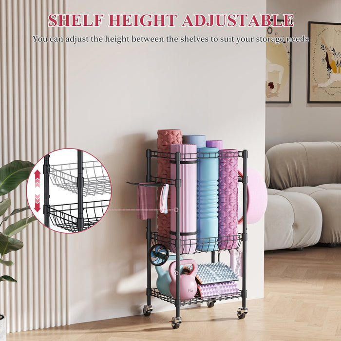 Flycity 3 Tier Yoga Mat Storage Rack, Home Gym Organizer Holder, Gym Equipment Storage Cart With Wheels And Hooks For Home Exercise And Fitness Gear, Black