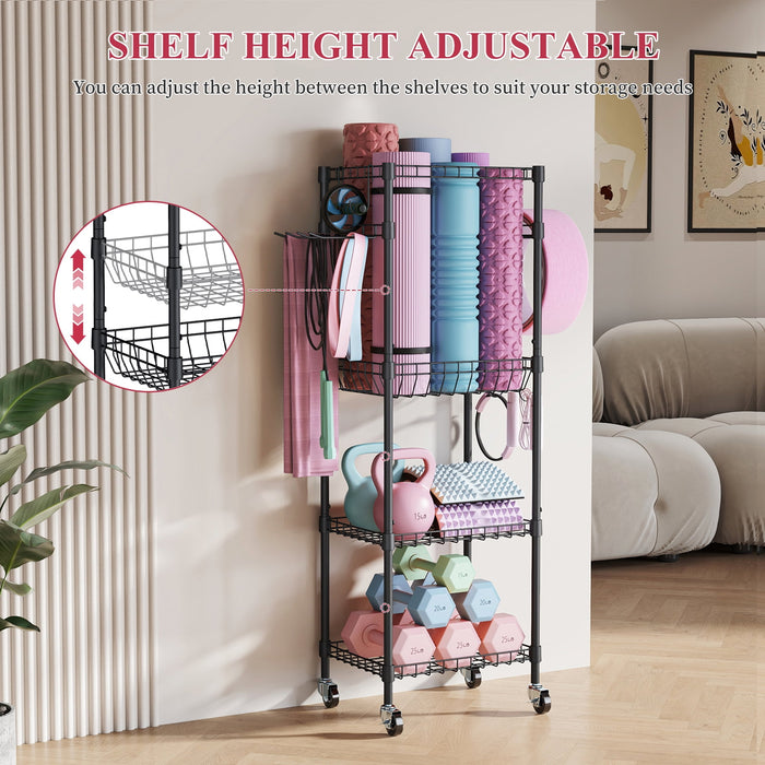 Flycity 4 Tier Yoga Mat Storage Rack, Home Gym Organizer Holder, Gym Equipment Storage Cart With Wheels And Hooks For Home Exercise And Fitness Gear, Black