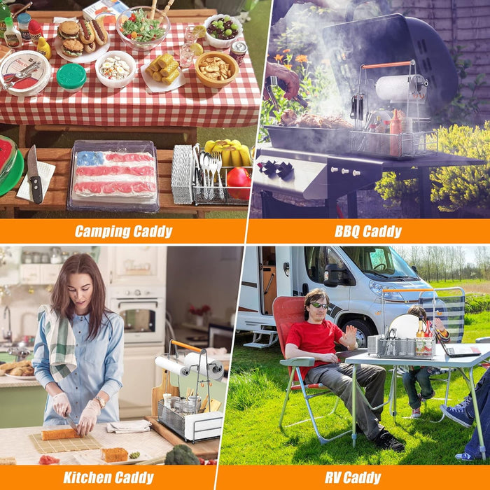 Flycity Grill Caddy, Silverware Caddy Condiment Caddy, Utensil Holder For Party, Picnic Flatware Caddy With Handle And Paper Towel Roll Holders, Utensil Cutlery Caddy For Camping, Kitchen(Silver)