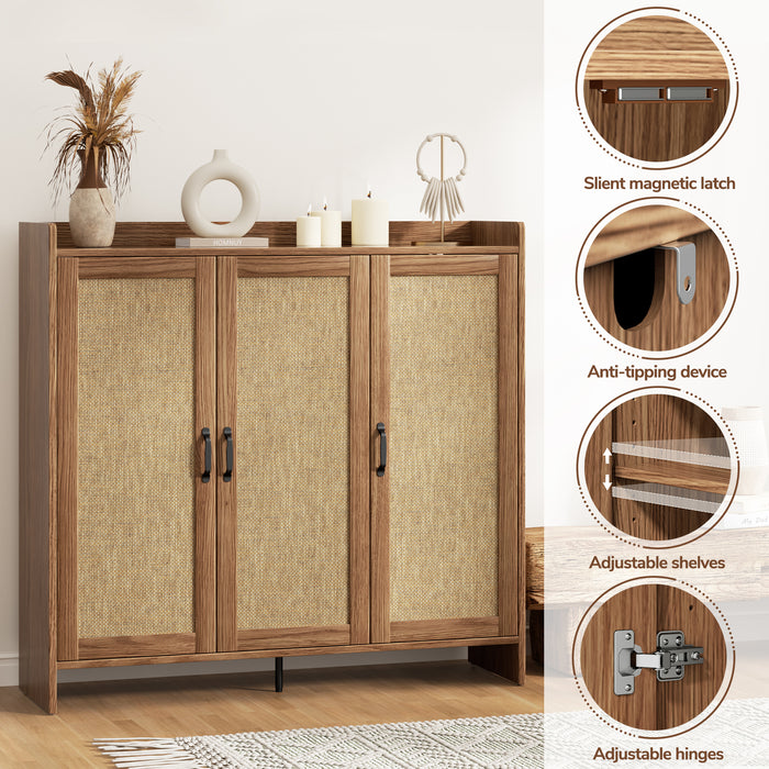 Flycity Rattan Shoe Storage Cabinet, 6 Tiers Shoe Rack With 3 Doors, Freestanding Shoe Organizer With Adjustable Shelves For Entryway Hallway, Beige