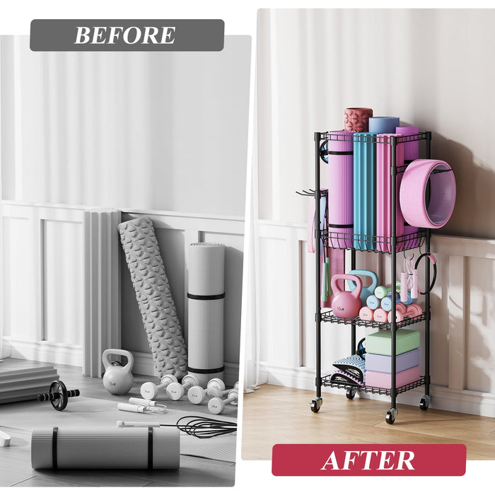 Flycity 4 Tier Yoga Mat Storage Rack, Home Gym Organizer Holder, Gym Equipment Storage Cart With Wheels And Hooks For Home Exercise And Fitness Gear, Black