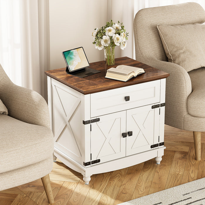 Flycity End Table With Drawers And Storage Cabinet, 25 Inch Bedside Table With Adjustable Shelf, Wood Nightstand With Door, Side Table For Living Room Bedroom Office, 2 Doors