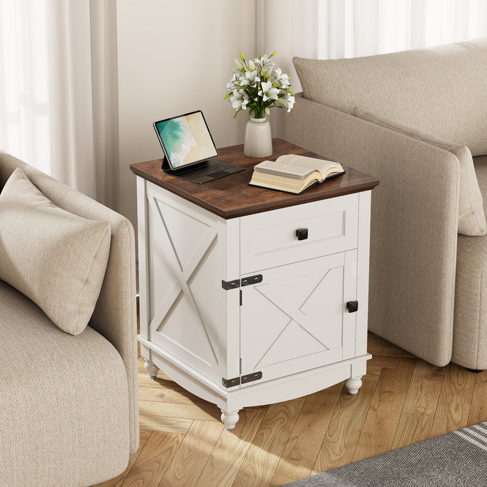 Flycity End Table with Drawers and Storage Cabinet, 19 Inch Bedside Table with Adjustable Shelf, Wood Nightstand with Door, Side Table for Living Room Bedroom Office, 1 Door