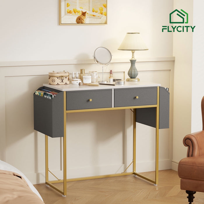 Flycity Small Desk With Fabric Drawers & Storage Bags, Home Office Computer Desk, Vanity Desk With Storage For Bedroom, Work Writing Study Table, 31.5"L X 15.7"W X 30.9"H