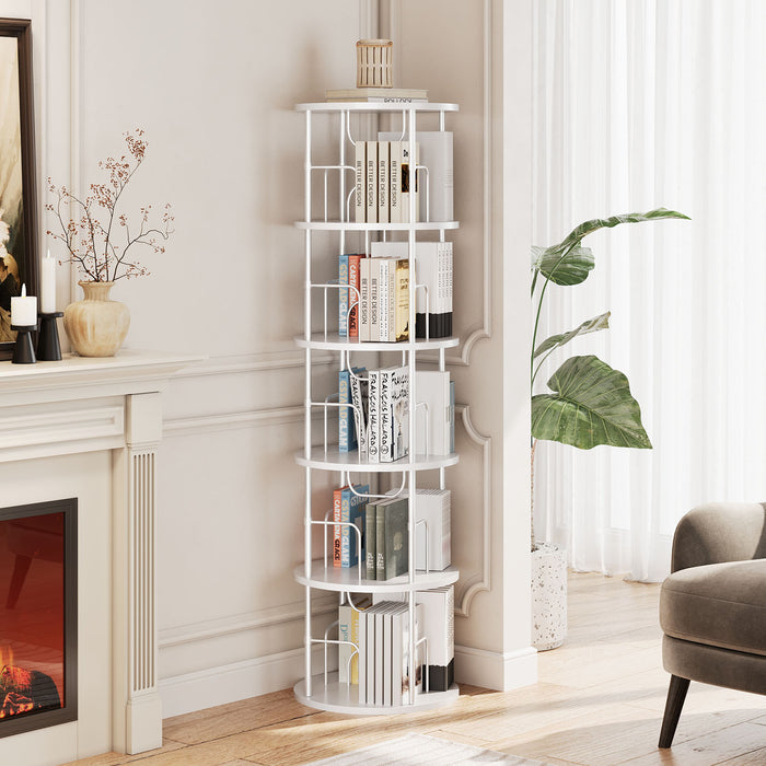 Flycity 5 Tier Rotating Bookshelf, 360° Display Rotating Bookcase Corner Storage Rack With Special Visible Partition Storage, White