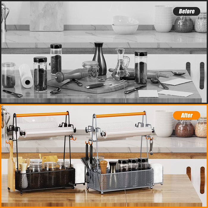 Flycity Grill Caddy, Silverware Caddy Condiment Caddy, Utensil Holder For Party, Picnic Flatware Caddy With Handle And Paper Towel Roll Holders, Utensil Cutlery Caddy For Camping, Kitchen(Black)