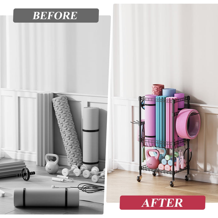 Flycity 3 Tier Yoga Mat Storage Rack, Home Gym Organizer Holder, Gym Equipment Storage Cart With Wheels And Hooks For Home Exercise And Fitness Gear, Black