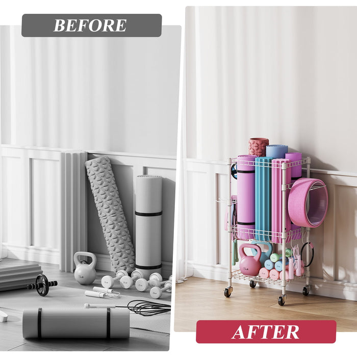 Flycity 4 Tier Yoga Mat Storage Rack, Home Gym Organizer Holder, Gym Equipment Storage Cart With Wheels And Hooks For Home Exercise And Fitness Gear, White