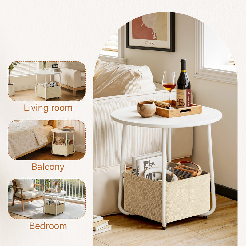 Flycity Round Side End Table With Fabric Basket Modern Nightstand