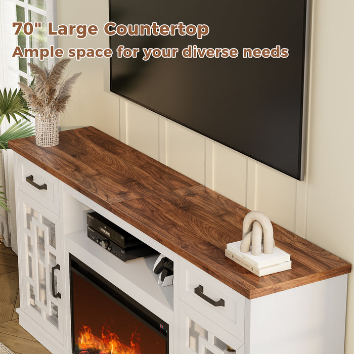 Flycity Fireplace Tv Stand For Tvs Up To 80", Farmhouse 70" Fireplace Entertainment Center With Storage Cabinets And Adjustable Shelves, Rustic Media Console