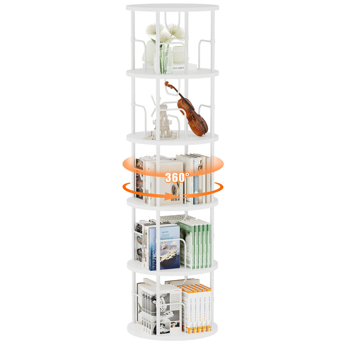 Flycity 5 Tier Rotating Bookshelf, 360° Display Rotating Bookcase Corner Storage Rack With Special Visible Partition Storage, White