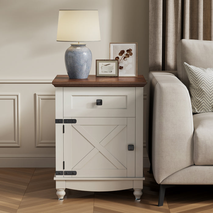 Flycity End Table with Drawers and Storage Cabinet, 19 Inch Bedside Table with Adjustable Shelf, Wood Nightstand with Door, Side Table for Living Room Bedroom Office, 1 Door