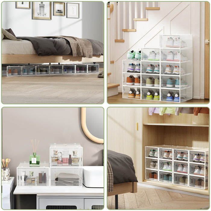 Flycity 12 Pack Clear Plastic Shoe Boxes, Stackable Shoe Storage Organizer, Space-Saving Shoe Rack For High Heels Broques Sneakers Flip-Flops