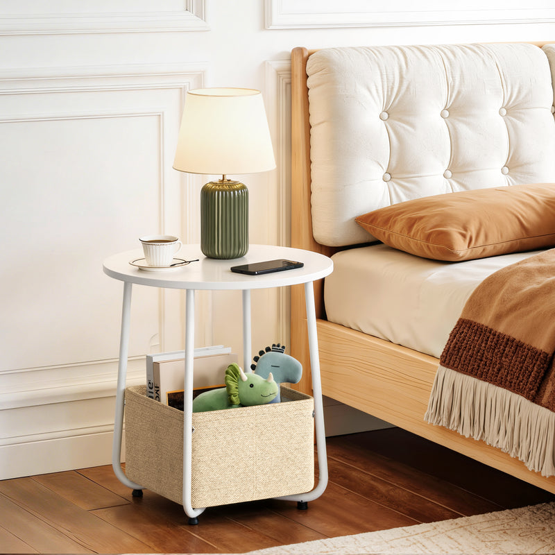 Flycity Round Side End Table With Fabric Basket Modern Nightstand