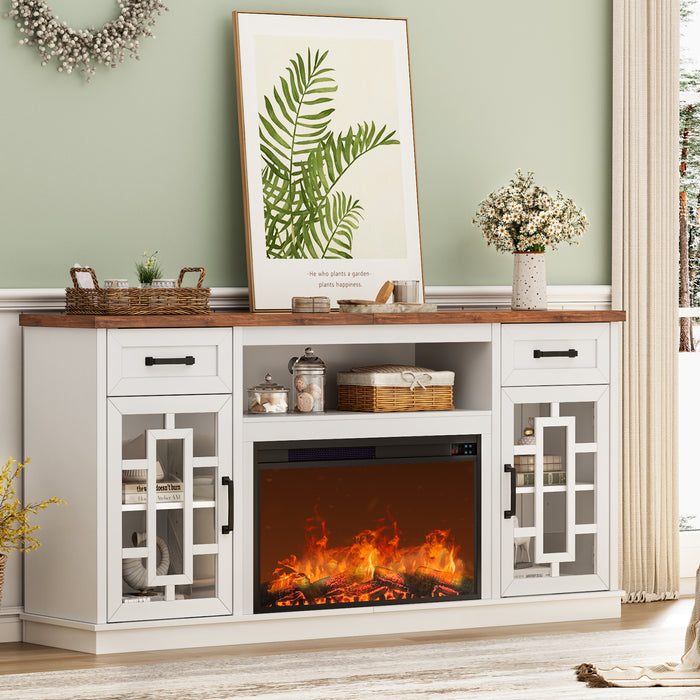 Flycity Fireplace Tv Stand For Tvs Up To 80", Farmhouse 70" Fireplace Entertainment Center With Storage Cabinets And Adjustable Shelves, Rustic Media Console