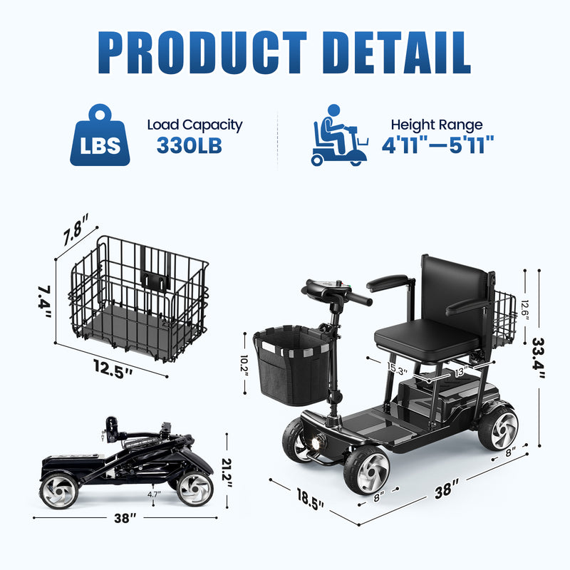 4 Wheel Electric Mobility Scooter With 20 Miles Range & 330lb Capacity