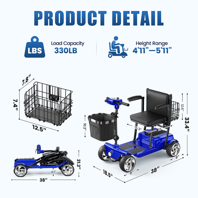 4 Wheel Electric Mobility Scooter With 20 Miles Range & 330lb Capacity