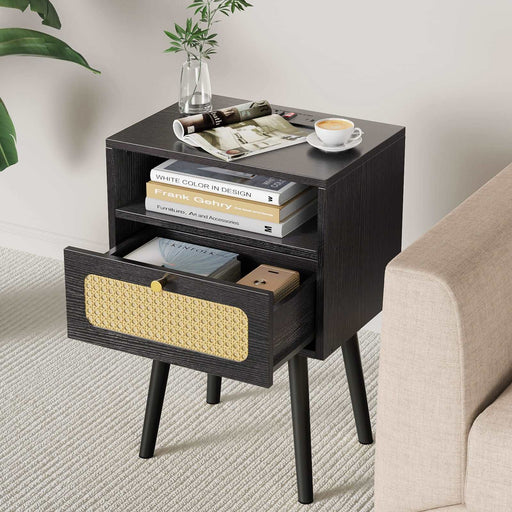 Black Rattan Nightstand with Drawer