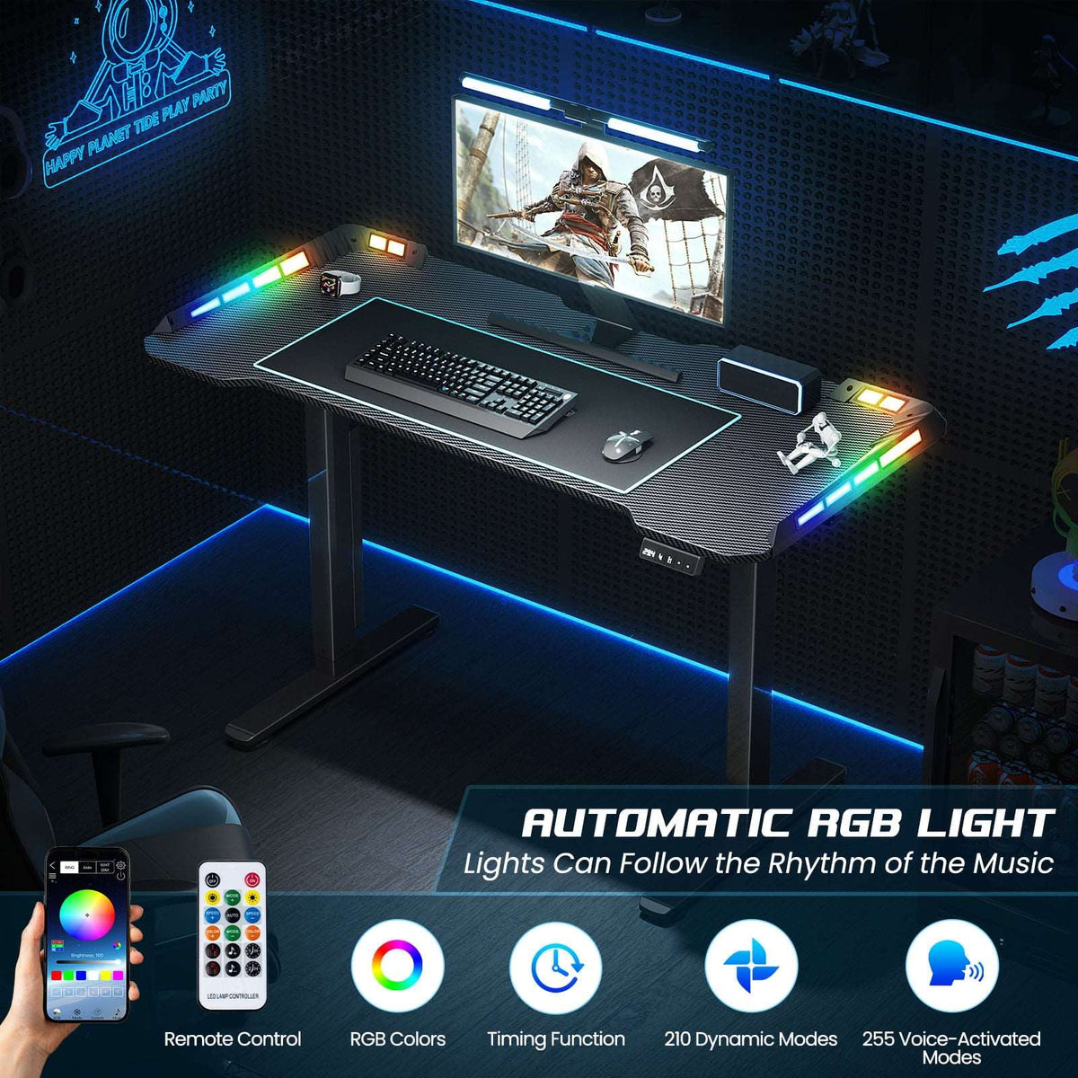 Standing Gaming Desk - Black Computer Desk with Led Lights - Flycity