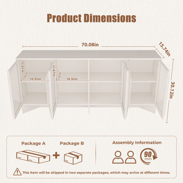70 Inch White Sideboard Buffet Cabinet with Storage Flycity