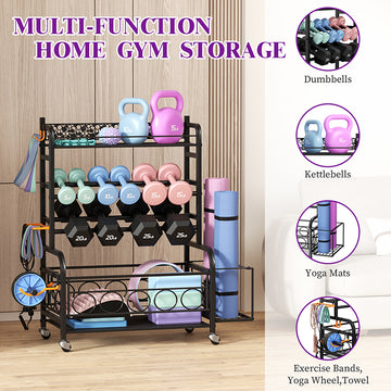 FQWYNMZ Home Gym Storage Rack, Athletic Dumbbell Rack, Training Equipment Storage Cart With Hooks And Wheels, Gym Organizer For Yoga Brick, Mat, Block, Roller, Dumbbell, Weight, Kettlebell