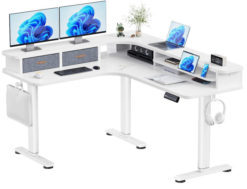 Flycity Electric L Shaped Sit-Stand Home Office Desk with Two Drawers