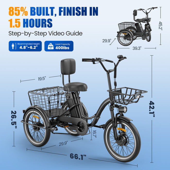 Flycity 3-Wheel Electric Bike With 468Wh Removable Battery