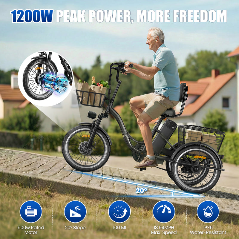 Electric Tricycle Peak 1200W with 468Wh Removable Battery