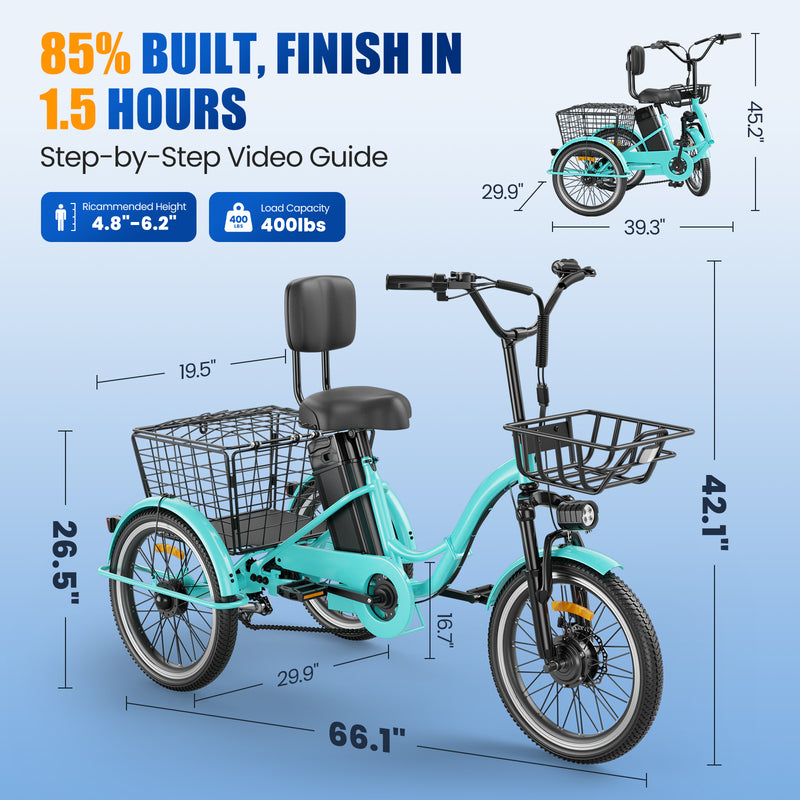 Electric Tricycle Peak 1200W with 468Wh Removable Battery