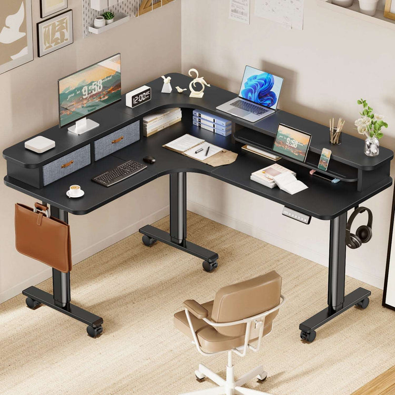 Electric L Shaped Sit-Stand Home Office Desk with Two Drawers