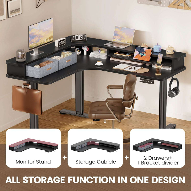 Electric L Shaped Sit-Stand Home Office Desk with Two Drawers