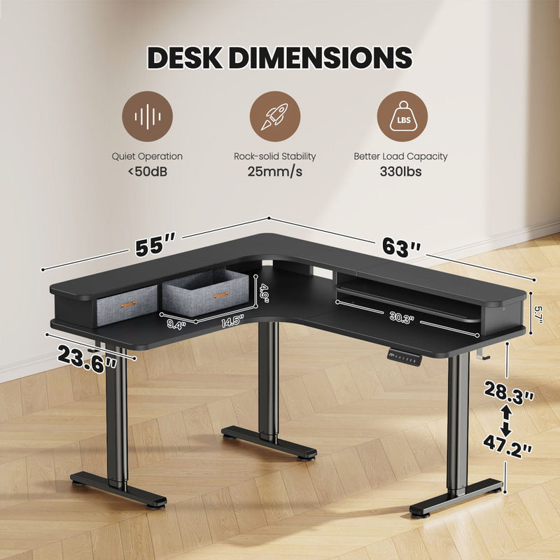 Flycity Electric L Shaped Sit-Stand Home Office Desk with Two Drawers