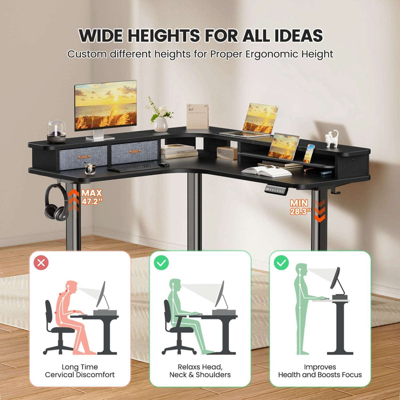 Electric L Shaped Sit-Stand Home Office Desk with Two Drawers
