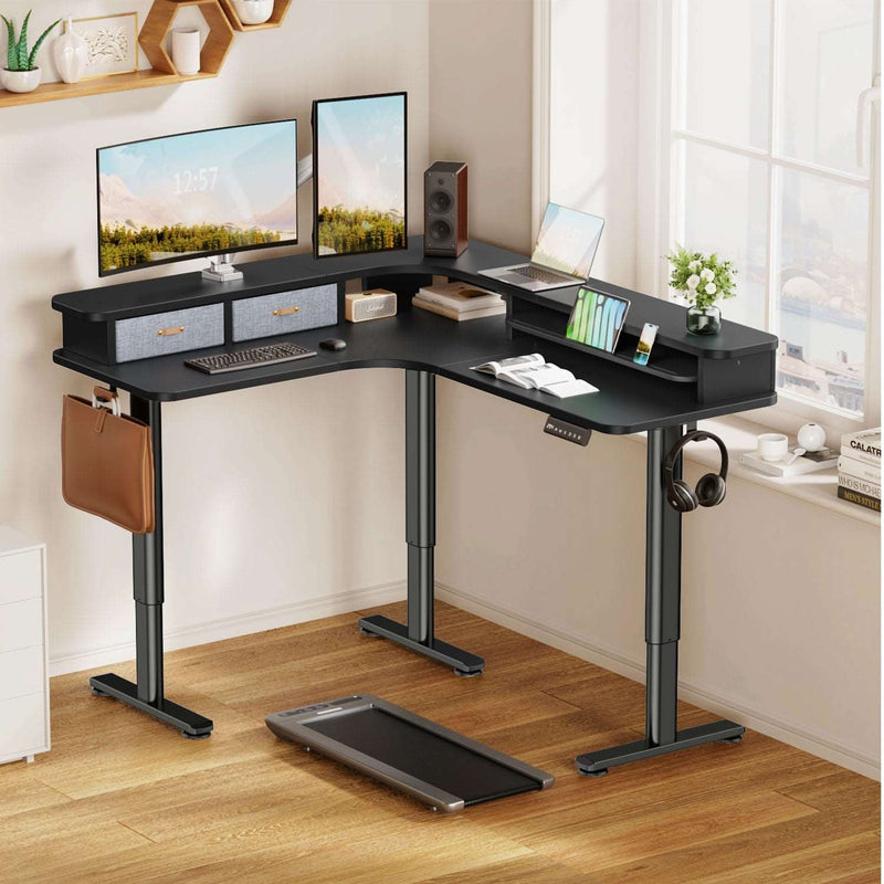 Electric L Shaped Sit-Stand Home Office Desk with Two Drawers