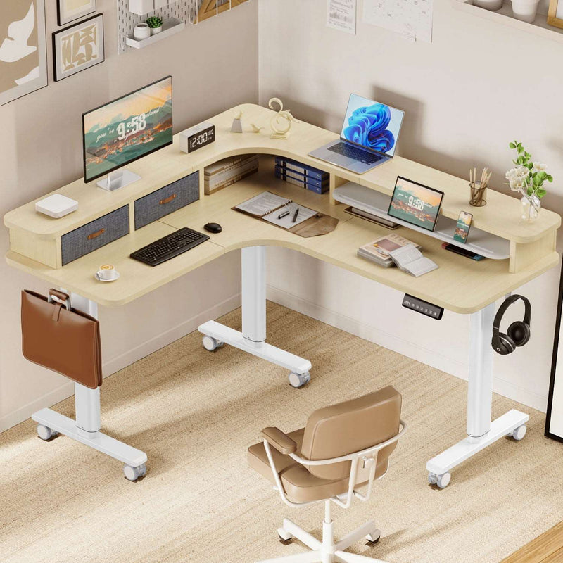 Electric L Shaped Sit-Stand Home Office Desk with Two Drawers