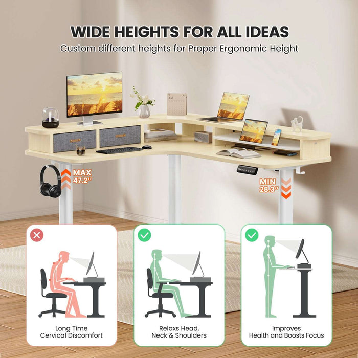 Electric L Shaped Sit-Stand Home Office Desk with Two Drawers