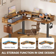 Electric L Shaped Sit-Stand Home Office Desk with Two Drawers