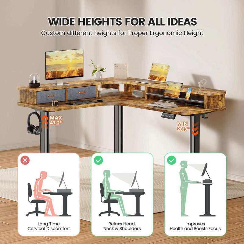 Electric L Shaped Sit-Stand Home Office Desk with Two Drawers